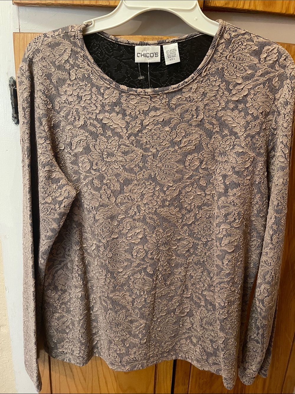 Chico's Mauve-Taupe Floral Lace-Texture Long Sleeve Top